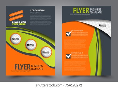 Business flyer design template. Abstract vector background. A4 brochure concept. Green and orange color.