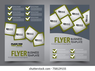 Business flyer design template. Abstract vector background. A4 brochure concept. Green and grey color.