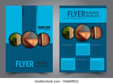 Business flyer design template. Abstract vector background. A4 brochure concept. Blue color.