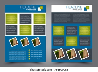 Business flyer design template. Abstract vector background. A4 brochure concept. Blue and green color.