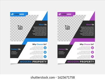 Business flyer estate template vector design, A4 brochure template blue and purple geometry shapes used for poster property leaflets, magazine property, and brochure cover property