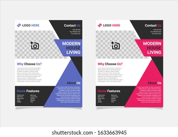 Business flyer estate template vector design, US letter brochure template blue and pink geometry shapes used for poster property leaflets, magazine property, and brochure cover property