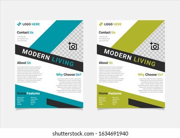 Business flyer estate template vector design, US letter brochure template blue and lime geometry shapes used for poster property leaflets, magazine property, and brochure cover property