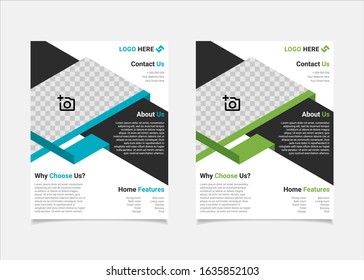 Business flyer estate template vector design, US letter brochure template blue and green geometry shapes used for poster property leaflets, magazine property, and brochure cover property