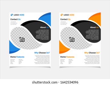 Business flyer estate template vector design, US letter brochure template blue and amber geometry shapes used for poster property leaflets, magazine property, and brochure cover property