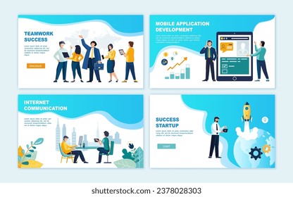 Volante de negocios. Cuatro plantillas web diferentes con tecnologías de trabajo y comunicación. Gente. Desarrollo de tecnología, trabajo en equipo, estrategia empresarial, analítica.ilustración vectorial, sitios web móviles