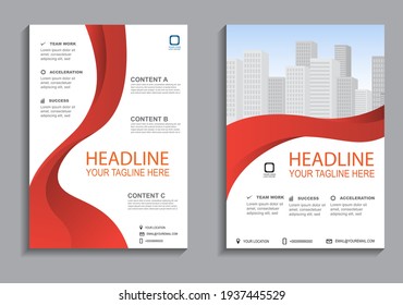 Business flyer layout template in A4  size. Modern Brochure template cover design, annual report with red geometric and wavy  lines for business promotion on white background, vector illustration
