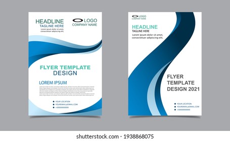 Business flyer layout template in A4  size. Modern Brochure template cover design, annual report, poster  with blue wavy lines for business promotion on white background, vector illustration

