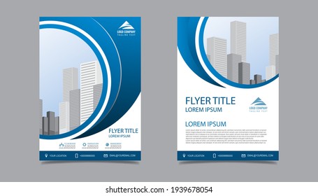 Business flyer layout template in A4  size. Modern Brochure template cover design, annual report, poster with blue wavy lines for business promotion on white background, vector illustration
