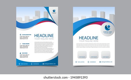 Business flyer layout template in A4  size. Modern Brochure template cover design, annual report, poster with blue wavy lines for business promotion on white background, vector illustration
