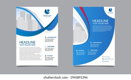 Business flyer layout template in A4  size. Modern Brochure template cover design, annual report, poster with blue wavy lines for business promotion on white background, vector illustration
