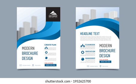 Business flyer layout template in A4  size. Modern Brochure templates cover design, annual report, poster with blue wavy lines for business promotion on white background, vector illustration
