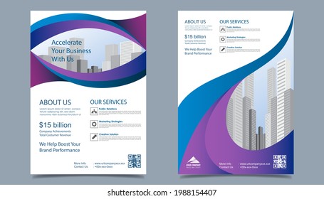 Plantilla de diseño de volante comercial en tamaño A4. Diseño de portada de la plantilla de Brochure moderna, informe anual, afiche con líneas geométricas y onduladas para el mercado empresarial sobre fondo blanco, ilustración vectorial

