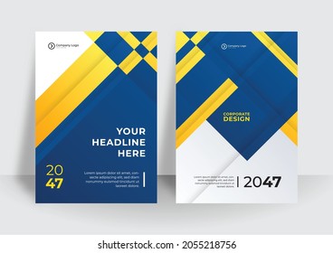 Business flyer layout template in A4 size. Modern brochure template cover design, annual report with blue geometric and wavy lines for business promotion on white background, vector illustration