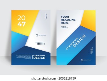 Business flyer layout template in A4 size. Modern brochure template cover design, annual report with blue geometric and wavy lines for business promotion on white background, vector illustration