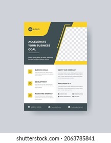 Plantilla de diseño de volante comercial en tamaño A4. Diseño moderno de la cubierta. de color amarillo y negro. para marketing, propuesta, promoción, publicidad. 