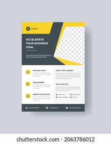 Plantilla de diseño de volante comercial en tamaño A4. Diseño moderno de la cubierta. de color amarillo y negro. para marketing, propuesta, promoción, publicidad. 