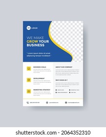 Business flyer layout template in A4 size. Modern brochure cover design. with blue and yellow color. for marketing, proposal, promotion, advertise. 