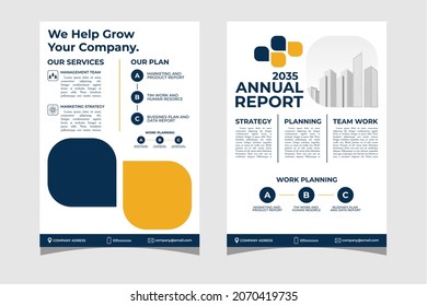 Plantilla de diseño de folleto comercial en plantilla de tamaño A4. informe anual, Folleto moderno , diseño de portada, afiche con azul y amarillo para la promoción empresarial sobre fondo blanco, ilustración vectorial