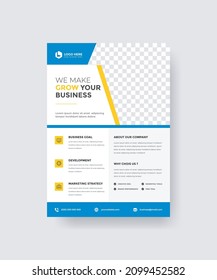 Plantilla de diseño de volante comercial en tamaño A4 lista para imprimir. Diseño moderno de portada. de color azul y amarillo. para marketing, propuesta, promoción, publicidad. 