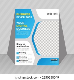 Business flyer layout template in A4 size. Modern Brochure template cover design, annual report, poster with blue wavy lines for business promotion on white background, vector illustration.