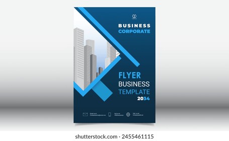 Business flyer layout template in A4  size. Modern Brochure cover design, annual report, poster with blue wavy lines for business promotion on white background, vector illustration
