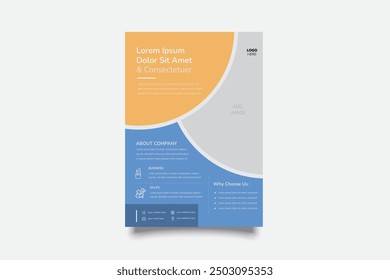 Business flyer layout template in A4 size. Modern Brochure template cover design, annual report, poster with blue wavy lines for business promotion on white background, vector illustration 