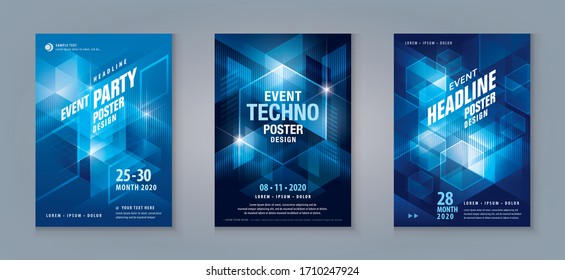 Business Flyer Poster Design Set. Layout Template, Abstract Futuristic Techno Geometric, Invitation Card, Leaflet, Annual Report, Cover Brochure Set For Sci-fi, Technology, Digital, Music, Festival