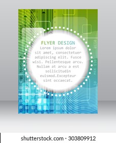 Business flyer template with abstract technological pattern, square, arrows and other graphic elements. Folder, brochure, cover design or corporate banner.