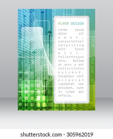 Business flyer template with abstract technological pattern, square, arrows and other graphic elements. Folder, brochure, cover design or corporate banner. Vector illustration.