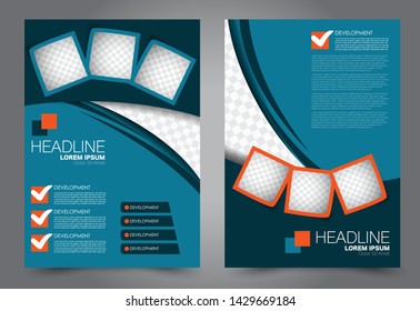 Business flyer, template. Brochure design background. Annual report cover. a4 page for education, school, advertisement, presentation, magazine, book. Blue and orange color. Vector illustration.