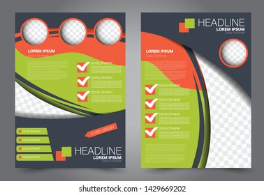 Business flyer, template. Brochure design background. Annual report cover. a4 page for education, school, advertisement, presentation, magazine, book. Green and orange color. Vector illustration