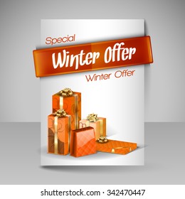 Business flyer template with Christmas gifts. Vector design elements. Orange layout.
