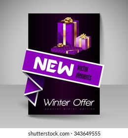 Business flyer template with Christmas gifts. Vector design elements. Purple layout.
