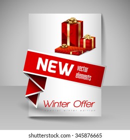 Business flyer template with Christmas gifts. Vector design elements. Red layout.