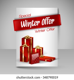 Business flyer template with Christmas gifts. Vector design elements. Red layout.