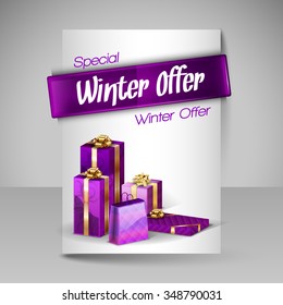 Business flyer template with Christmas gifts. Vector design elements. Purple layout.