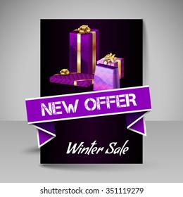 Business flyer template with Christmas gifts. Vector design elements. Purple layout.
