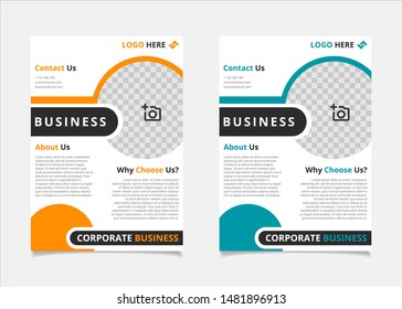 Business flyer template design vector, A4 brochure layout with circle geometry amber and cyan blue colour for company poster, annual report cover, and leaflets