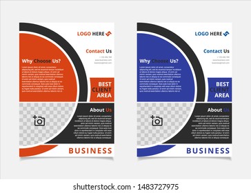 Business flyer template design vector, A4 brochure layout with circle geometry orange and indigo blue colour for company poster, annual report cover, and leaflets