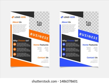 Business flyer template design vector, A4 brochure layout with geometry orange and indigo blue colour for company poster, annual report cover, and leaflets