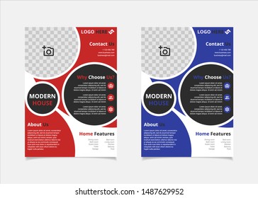 Business flyer template design vector, A4 brochure layout with circle geometry red and indigo blue colour for company poster, annual report cover, and leaflets