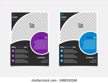 Business flyer template design vector, A4 brochure layout with circle geometry purple and light blue colour for company poster, annual report cover, and leaflets