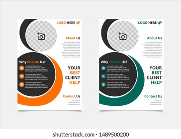 Business flyer template design vector, A4 brochure layout with circle geometry amber and tale blue colour for company poster, annual report cover, and leaflets
