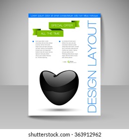 Business flyer template with glossy heart. Valentine's day vector design elements.