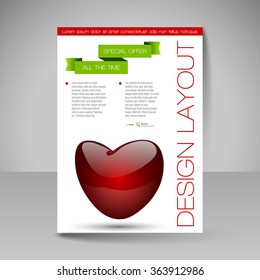 Business flyer template with glossy heart. Valentine's day vector design elements.