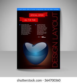 Business flyer template with glossy heart. Valentine's day vector design elements.