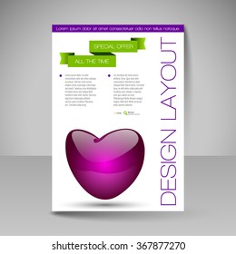 Business flyer template with glossy heart. Valentine's day vector design elements.