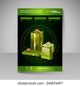 Business flyer template with green Christmas gifts. Vector design elements.