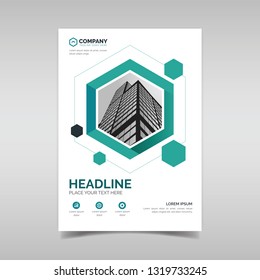 Business flyer template with green hexagon